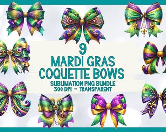 Mardi Gras Glitter Coquette Bow PNG Bundle, Trendy Girly Ribbons, Green Purple Gold New Orleans Bow Sublimation Designs for Commercial Use