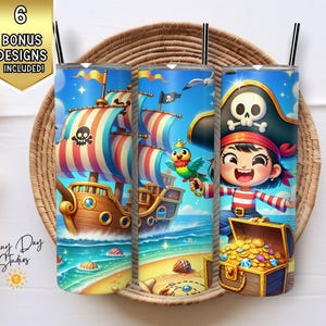 May include: Three pirate-themed tumblers with black straws, featuring cartoon illustrations of pirate ships, a parrot, and a pirate girl with a treasure chest. The tumblers are set against a blue sky background.