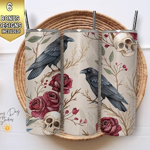 Raven Skull Roses 20oz Skinny Tumbler Wrap, Digital Sublimation PNG, Spooky Tumbler Design, Floral Tumbler, Gothic Tumbler Wrap Seamless
