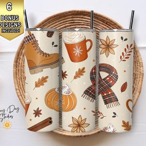 Autumn Tumbler Wrap, 20oz Skinny Tumbler Design, Fall Sublimation PNG, Digital Download, Cozy Season Cup, Winter Theme, Boot, Scarf Digital
