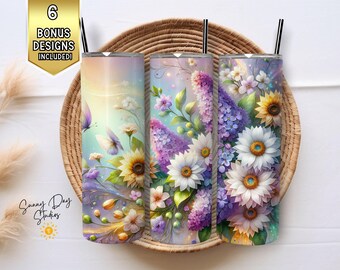 Op de afbeelding: Drie roestvrijstalen bekers met bloemenontwerpen. De bekers tonen een verscheidenheid aan bloemen, waaronder zonnebloemen, madeliefjes en lila. De ontwerpen zijn levendig en kleurrijk, met een zacht, aquarelachtig effect.