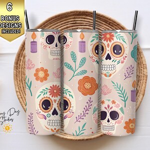 Zuckerschädel Tumbler Wrap, 20 Unzen Skinny Tumbler, Tag der Toten PNG, Floral Skull Sublimation, digitaler Download, Tumbler Design