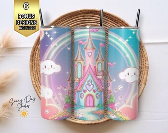 Rainbow Castle Tumbler Wrap, 20oz Skinny Tumbler PNG, Pastel Princess Sublimation Design, Fairy Tale Castle, Girl Doll House Digital Art