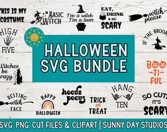 May include: A teal blue banner with the text "HALLOWEEN SVG BUNDLE" in white. The banner is surrounded by a variety of black and white Halloween-themed SVG designs, including witches, brooms, pumpkins, and spooky sayings.