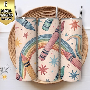 Crayon Rainbow 20 Unzen Skinny Tumbler Wrap, Sublimationsdesign PNG, digitaler Download, Schulzubehör, Schulanfang, Lehrer Geschenk Nahtlos