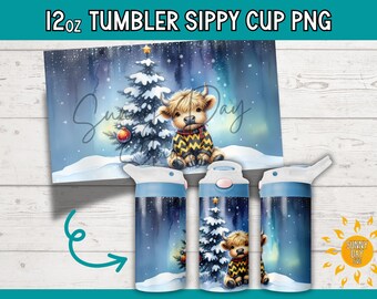 Christmas Cute Baby Highland Cow Kids Tumbler Wrap PNG, 12 oz Sippy Cup Sublimation Design, Winter Flip-Top Tumbler Digital Art, Toddlers