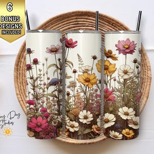Floral Tumbler Wrap, Seamless 20oz Skinny Tumbler, Flowers Sublimation Design, Watercolor Tumbler Png, Floral Digital Download