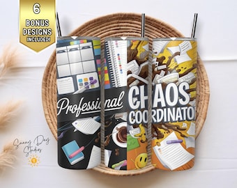 Envoltura de vaso PNG para coordinador profesional del caos, sublimación de vida de mamá sarcástica y divertida, vaso delgado digital de 20 oz, vaso de agua para papá