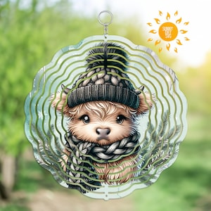 Lindo molinillo de viento de vaca de las Tierras Altas PNG, diseños de sublimación de temporada de invierno para molinillo de jardín, adorno de posavasos redondo digital de arte de jardín DIY