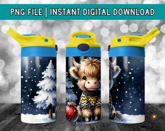 Cute Highland Cow Christmas Kids Tumbler Wrap PNG, 12 oz Sippy Cup Winter Sublimation Design, Flip-Top Tumbler Digital Art, Toddler Gift