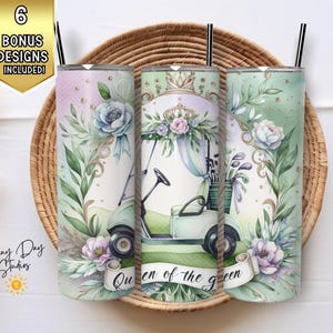 Queen of the Green Golf Tumbler Wrap, Pastel Woman Golfer Sublimacja PNG, 20oz Skinny Tumbler Cyfrowy, Kwiatowa Korona Golf Cart Design Hers