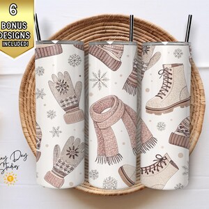 Winter Clothes 20oz Skinny Tumbler Wrap PNG, Seamless Sublimation File, Cold Weather Gear Digital Design, Tumbler Graphics