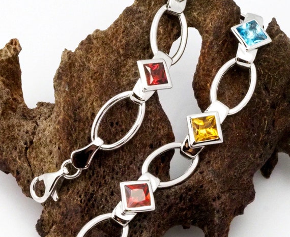 White Gold Bracelet . Assorted Gemstones Bracelet.
