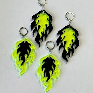 Neon Green Black Flame Earrings, Pink, Goth, Punk, Rock Alt Alternative Style Fire Heavy Metal Emo Witch skater Edgy Music Festival, jewelry