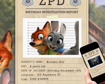 Invito di compleanno a tema Zootropolis: Rapporto della polizia, Judy e Nick (download digitale)