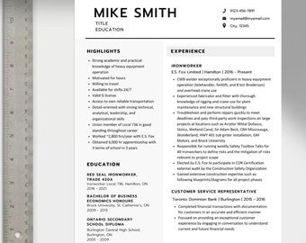 May include: A resume for Mike Smith, highlighting his experience as an ironworker and customer service representative. The resume includes details about his education, skills, and work history.