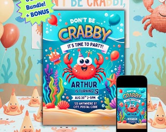 Paquete de invitaciones para fiesta de cumpleaños de cangrejo: temática submarina (descarga digital)