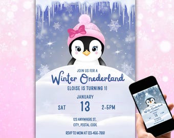 Invitación de primer cumpleaños de Winter Onederland: temática de pingüinos, descarga digital