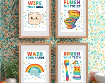 Règles de la salle de bain arc-en-ciel Art | Impressions hygiéniques pour enfants (téléchargement numérique)