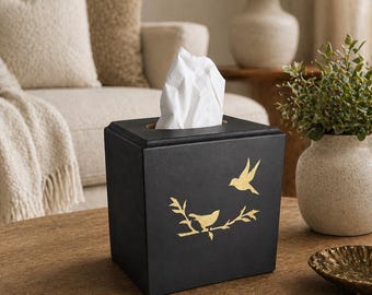 Tissue Box Cover Handmade - Golden Flying Birds in Black - Living Room, Outdoor, Bathroom