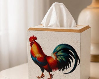 Tissue Box Cover Handmade - Cockerel, Farmhouse Decor, Rustic Animal, Red, Orange, Teal, Living Room