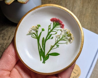 Pressed Flower Trinket Bowl, Handmade Clay Ring Dish with Gold Rim