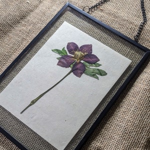 May include: A pressed purple flower with green leaves in a black frame with a hanging chain.