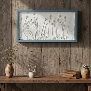 Large, teal framed botanical summer bas relief