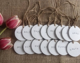 Personalised clay gift tags, round clay gift tags, clay wedding favours, handstamped clay gift tags, wedding place gift tags