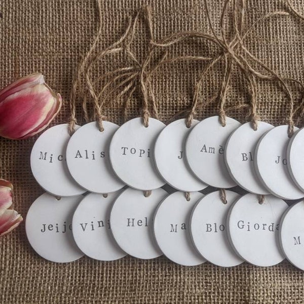 Personalised clay gift tags, round clay gift tags, clay wedding favours, handstamped clay gift tags, wedding place gift tags