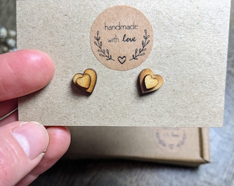 Heart Stud Earrings, Earrings, Wooden Heart Earrings, Little Heart Earrings