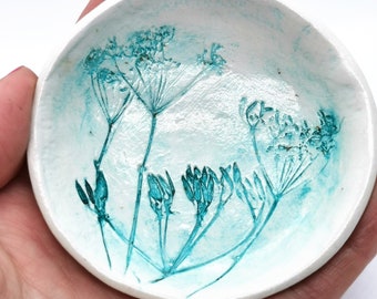 Handmade Clay Trinket Dish with Pressed Cow Parsley