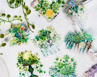 10 Pcs Green Flower & Light PET Plastic Stickers 10 Different Designs // Size About 4.5cm * 6cm // Laser Style Sticker // Green Flowers