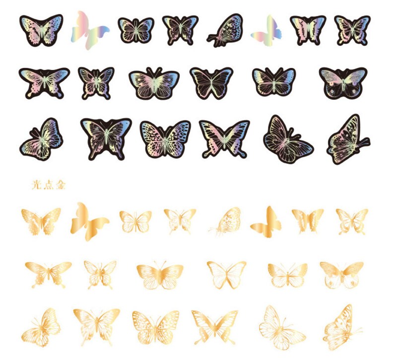 May include: A sheet of iridescent butterfly stickers featuring a range of colours and designs. The stickers are arranged in rows and columns on a white background. The text "光点金" is printed in black at the bottom of the sheet.