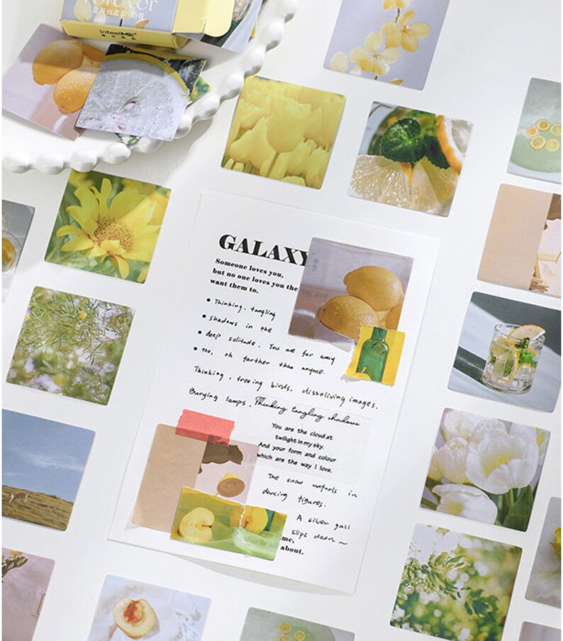 May include: A set of colorful stickers featuring various images, including lemons, sunflowers, clouds, and flowers. The stickers are printed on white paper and have a matte finish. The text on the stickers reads "GALAXY" and "Someone loves you, but no one loves you the want them to."