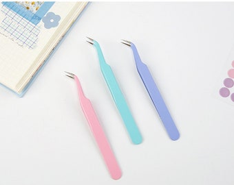 Pince à épiler à tête courbe et à tête droite de type standard précis // Outil d'épluchage d'autocollants cyan, vert, jaune, violet clair, rose clair, corail