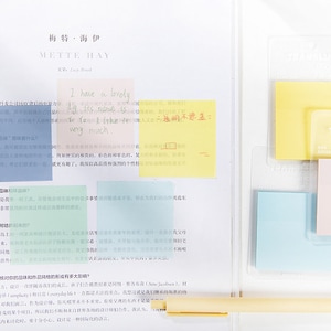 May include: A close-up of a page of text with several sticky notes in different colours. The text on the page is in Chinese and English. The sticky notes have handwritten text in English. The text on one sticky note reads "I have a lovely dog. Its name is... and I love him very much."