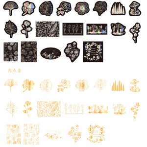 May include: A set of 36 digital stickers featuring various floral and forest designs in black and gold. The stickers include flowers, leaves, trees, and mushrooms. The text "The poem helps to be remembering" is included in the sticker set.
