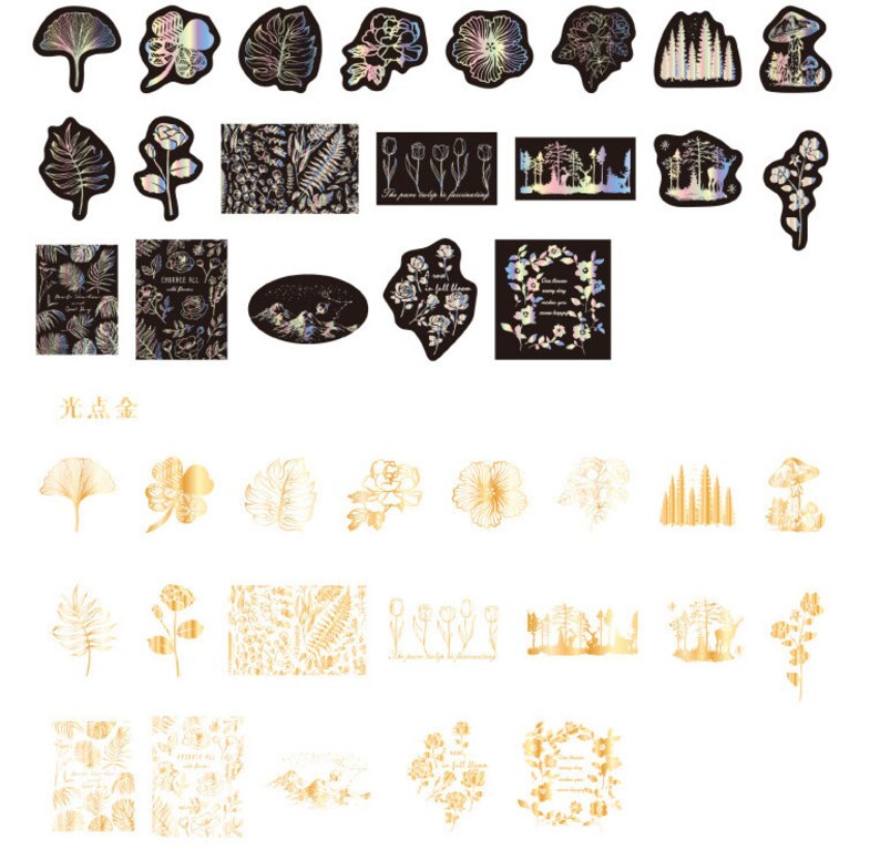 May include: A set of 36 digital stickers featuring various floral and forest designs in black and gold. The stickers include flowers, leaves, trees, and mushrooms. The text "The poem helps to be remembering" is included in the sticker set.