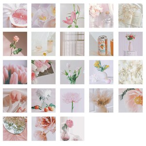May include: A collage of 25 images featuring a variety of pastel-colored flowers, fruits, and other objects. The images are arranged in a grid pattern and include a pink grapefruit, white orchids, pink lilies, a pink rose, a glass of wine, a window with white curtains, a can of strawberry vanilla soda, a vase of pink flowers, a bouquet of white tulips, a bowl of mimosa flowers, a peach, a bouquet of white hydrangeas, a pink chrysanthemum, a vase of dried pampas grass, a pink peony, a mirror reflecting a tree, a pink rose in a vase, and a book with a white cover.