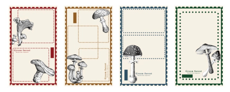 Peut inclure: Quatre timbres-poste de style vintage avec des illustrations de champignons. Chaque timbre pr&eacute;sente un motif de champignon diff&eacute;rent et une bordure de couleur diff&eacute;rente. Le texte "Green Forest" appara&icirc;t sur chaque timbre.