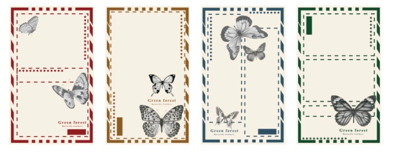 Peut inclure: Quatre cartes postales de style vintage sur le th&egrave;me de la for&ecirc;t verte. Chaque carte pr&eacute;sente une illustration de papillon diff&eacute;rente et le texte "Green Forest Butterfly Garden". Les cartes ont une bordure rouge, marron, bleue et verte.