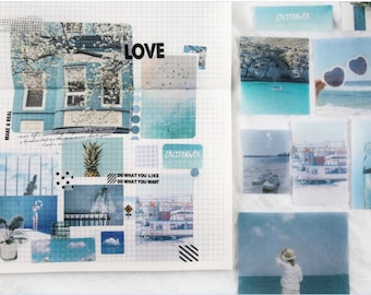 May include: A collage of images with a blue and white colour scheme. The images include a building, a pineapple, a boat, a beach, and a cityscape. The collage is decorated with stickers that say "Love", "California", "Do what you like, do what you want", and "Make a real".