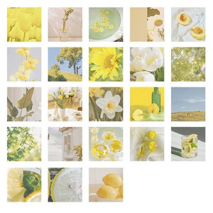 May include: A collage of images featuring yellow flowers, lemons, and other yellow and green objects. The images are arranged in a grid pattern.