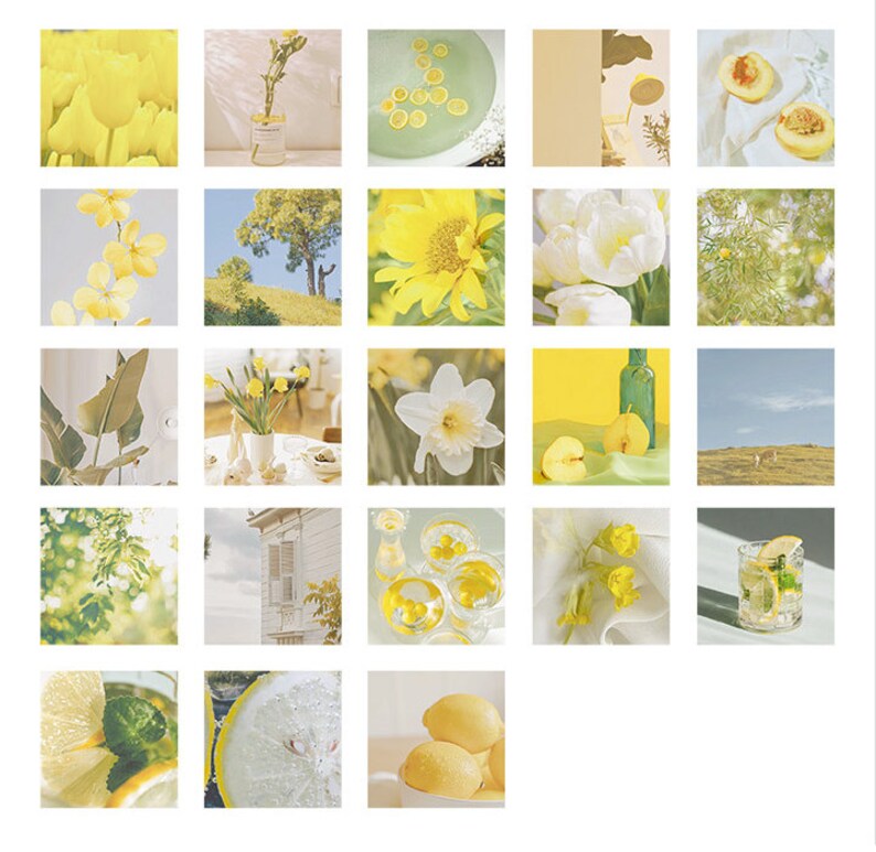 May include: A collage of images featuring yellow flowers, lemons, and other yellow and green objects. The images are arranged in a grid pattern.