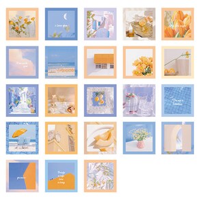 May include: A set of 16 digital printable stickers featuring a variety of images with a pastel color scheme. The images include flowers, fruit, buildings, and text. The text includes phrases like "I love you", "The sun is flawless", and "Peace".