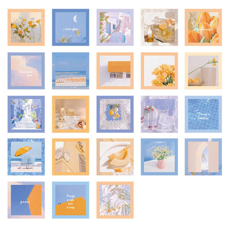 May include: A set of 16 digital printable stickers featuring a variety of images with a pastel color scheme. The images include flowers, fruit, buildings, and text. The text includes phrases like "I love you", "The sun is flawless", and "Peace".