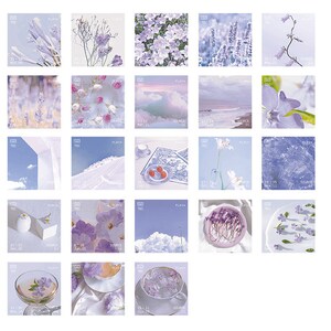 May include: A collage of 25 images featuring a variety of purple flowers, plants, and nature scenes. The images are arranged in a grid pattern and have a soft, dreamy aesthetic.