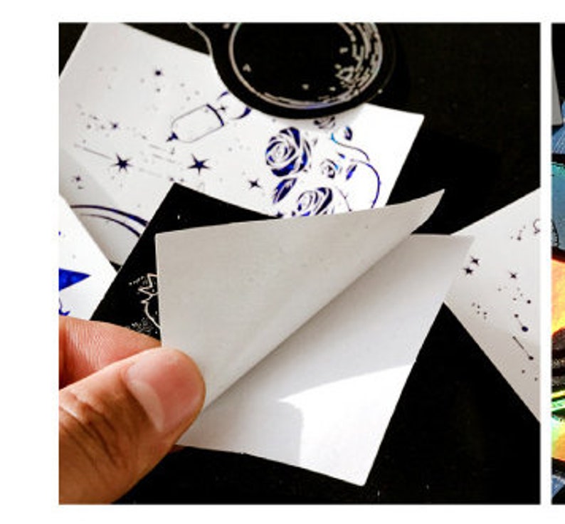 May include: A set of holographic stickers featuring celestial and floral designs. The stickers are square and have a white backing. The designs include a crescent moon, stars, a rocket ship, and roses.