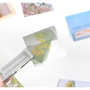 May include: A close-up of a silver metal binder clip holding a green and white photo card with a picture of lemon slices in water. The photo card is on a white surface.